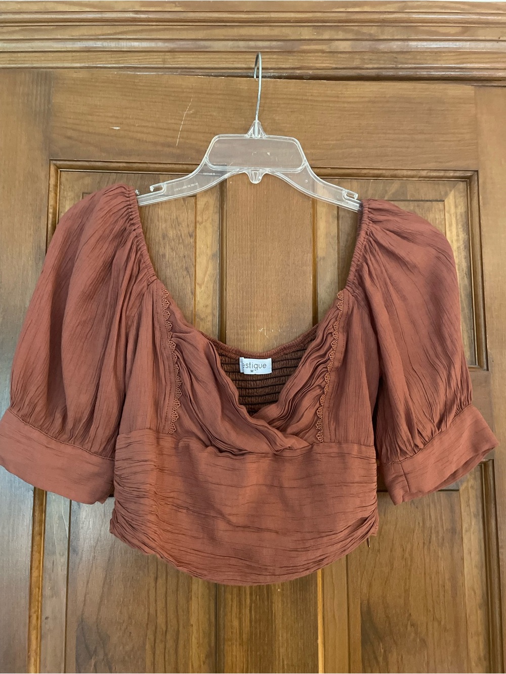 Vestique Rust Brown/Orange Puff Sleeve Crop Top Stretch Back Side Zipper Size M